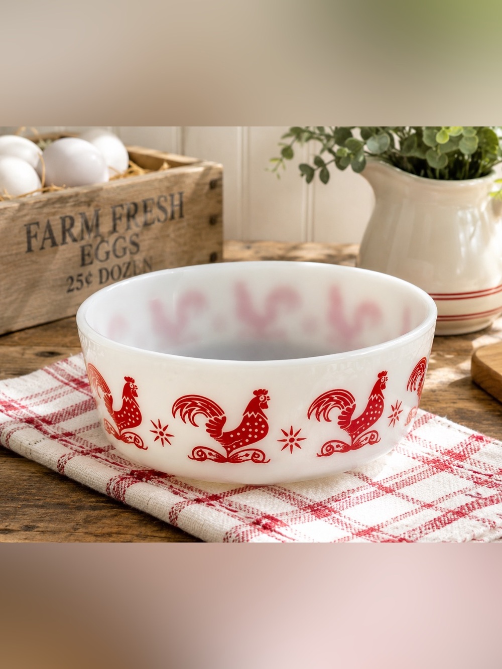 Vintage Hazel Atlas Red Rooster Milk Glass Bowl Farmhouse Country Kitchen USA